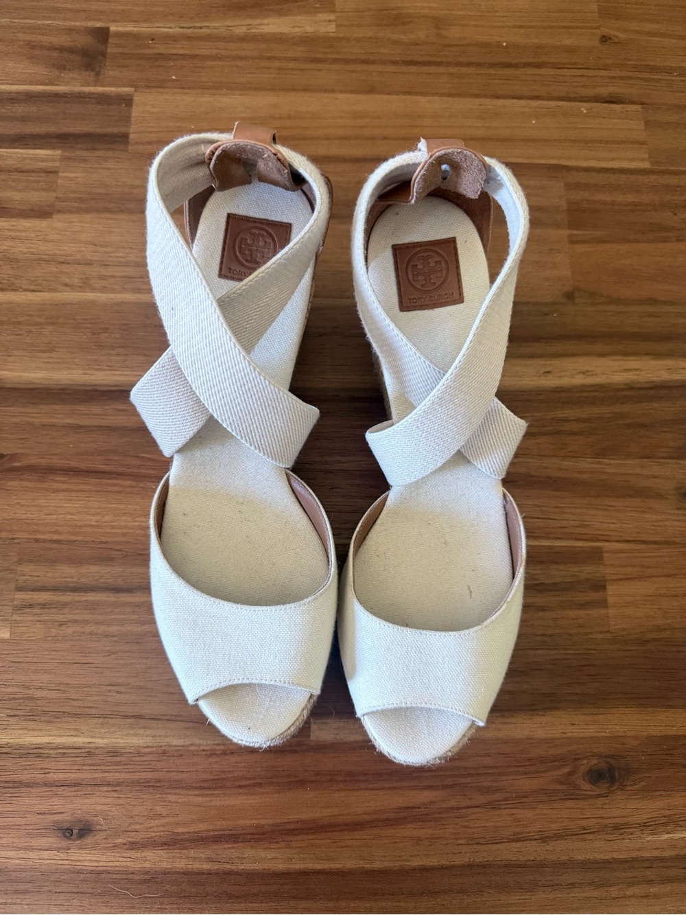 Tory Burch Canvas Cork Espadrille Wedge Sandals Ivory Size 9